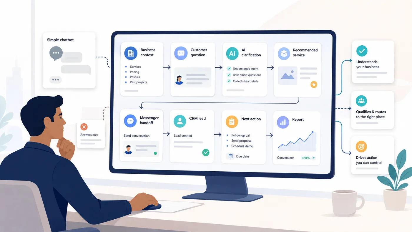 Иллюстрация AI-агента для бизнеса: вопросы клиентов, уточнение запроса, CRM и следующий шаг.