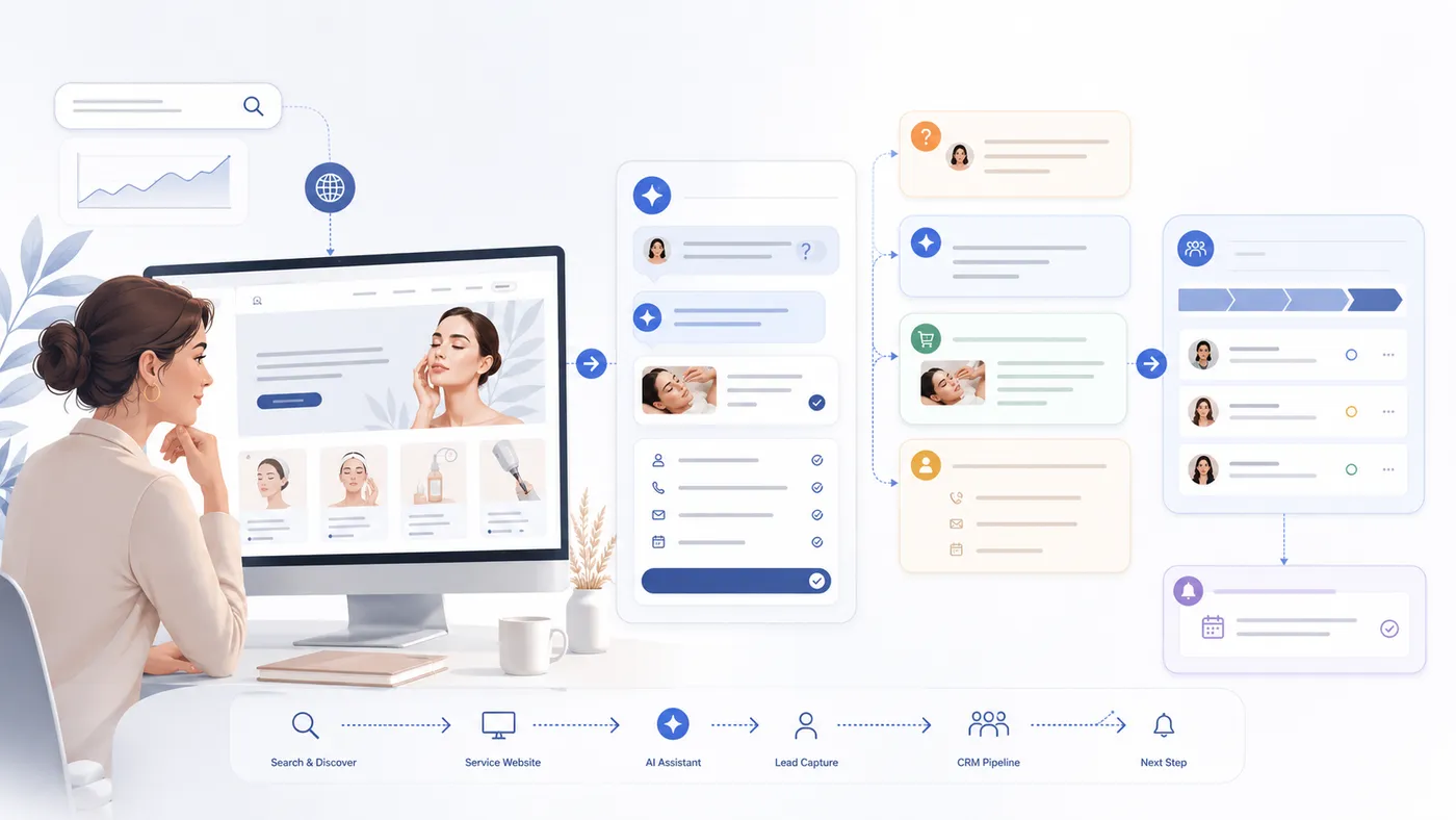 Иллюстрация AI-воронки для косметологии: вопросы клиента, услуга и CRM-заявка.