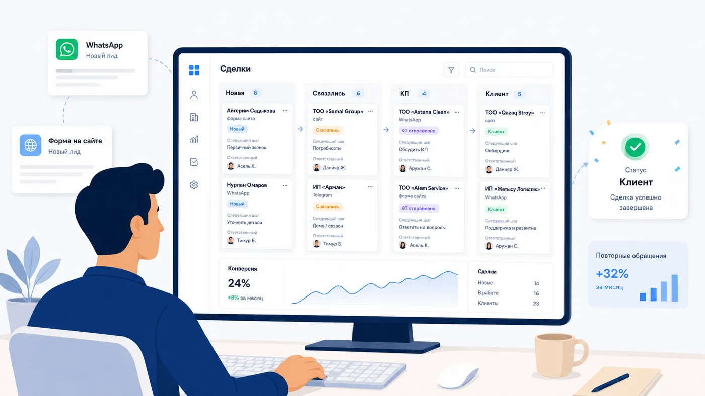 Путь заявки в CRM: новая заявка, связались, консультация, КП, оплата и клиент
