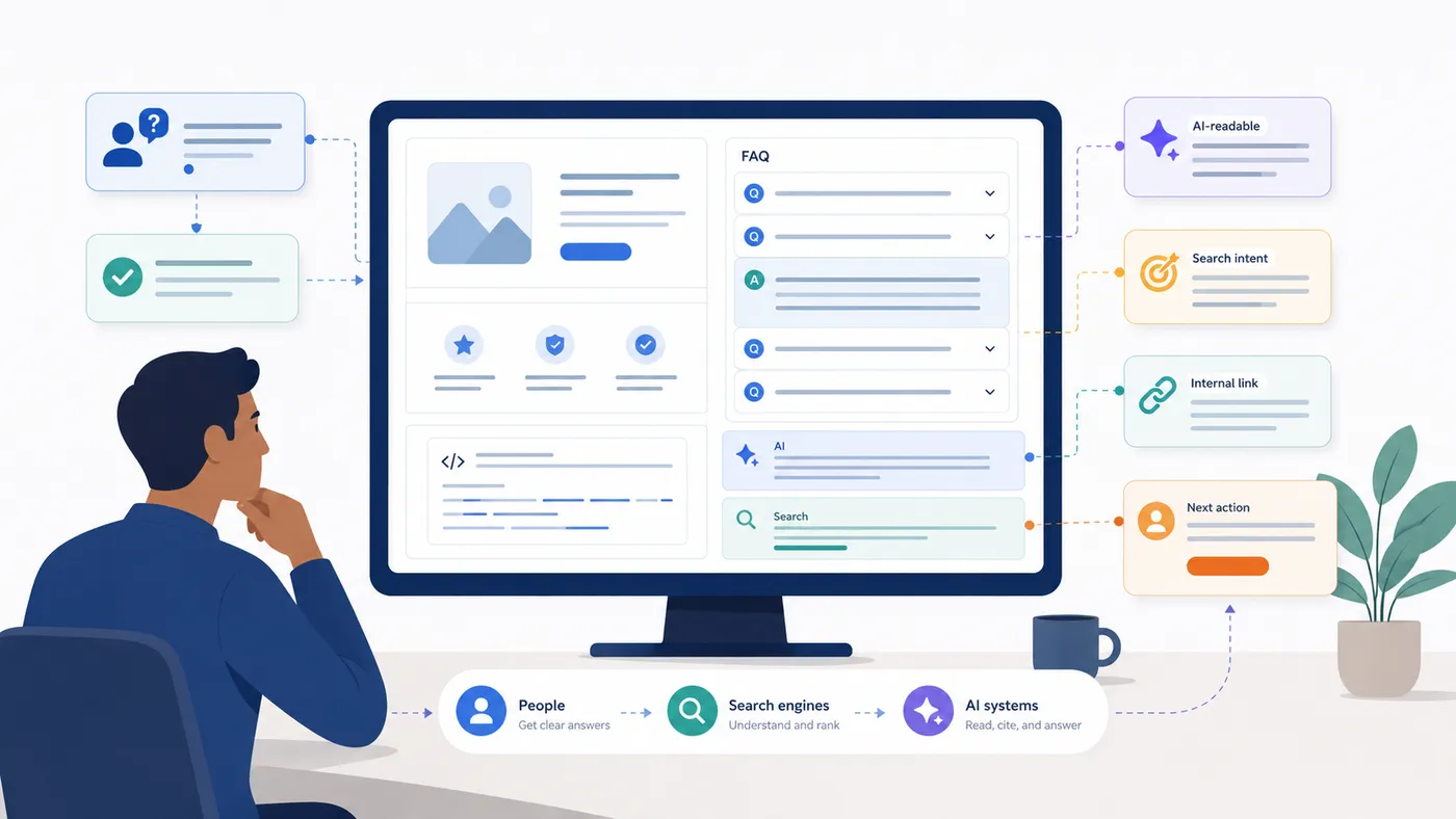 Иллюстрация FAQ-блоков для SEO-страниц и AI-поиска.