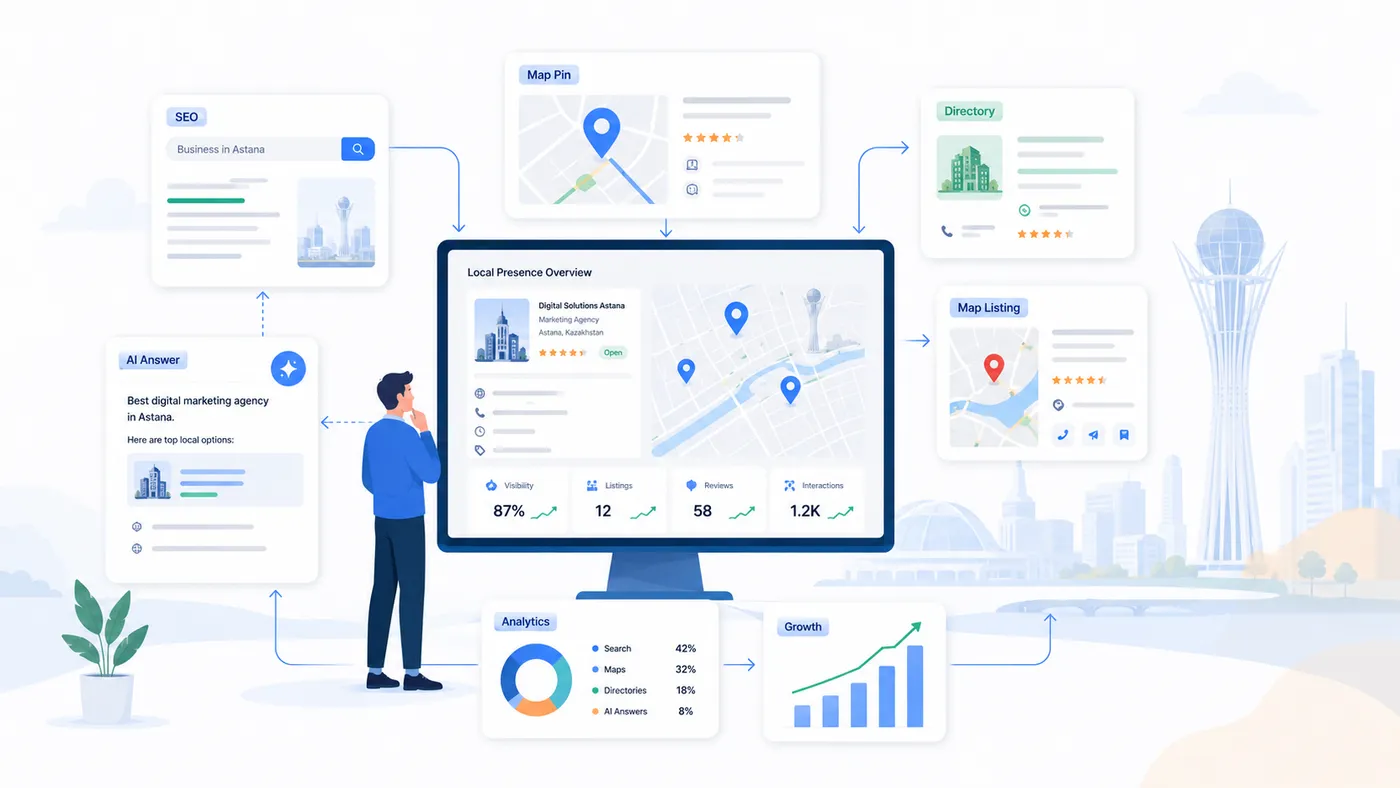 Иллюстрация GEO и SEO для бизнеса в Астане: сайт, карты, локальные карточки и AI-ответы.