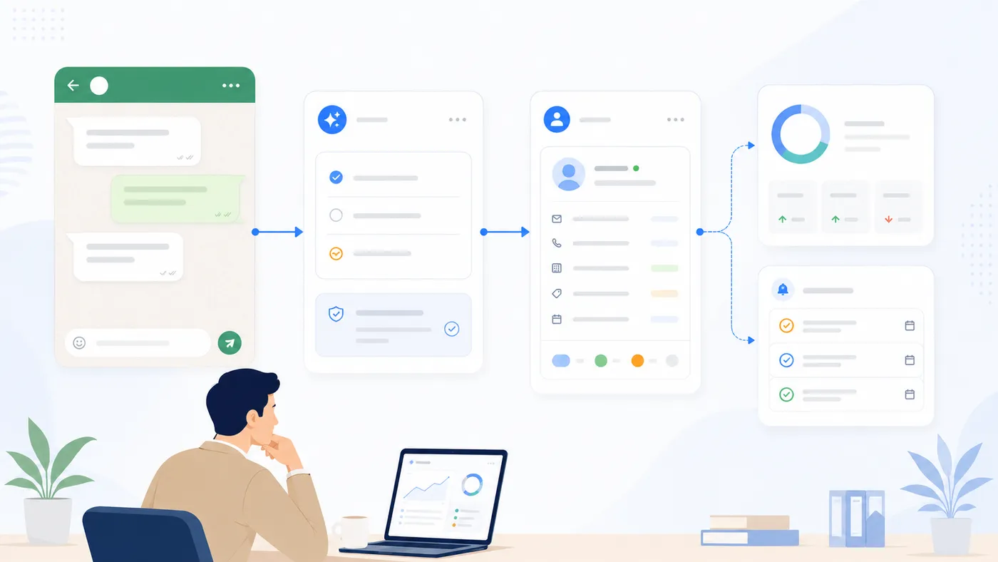 Иллюстрация контроля WhatsApp-заявок через статусы и CRM.