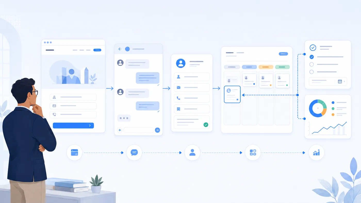 Иллюстрация связки сайта, мессенджера и CRM для обработки заявок.