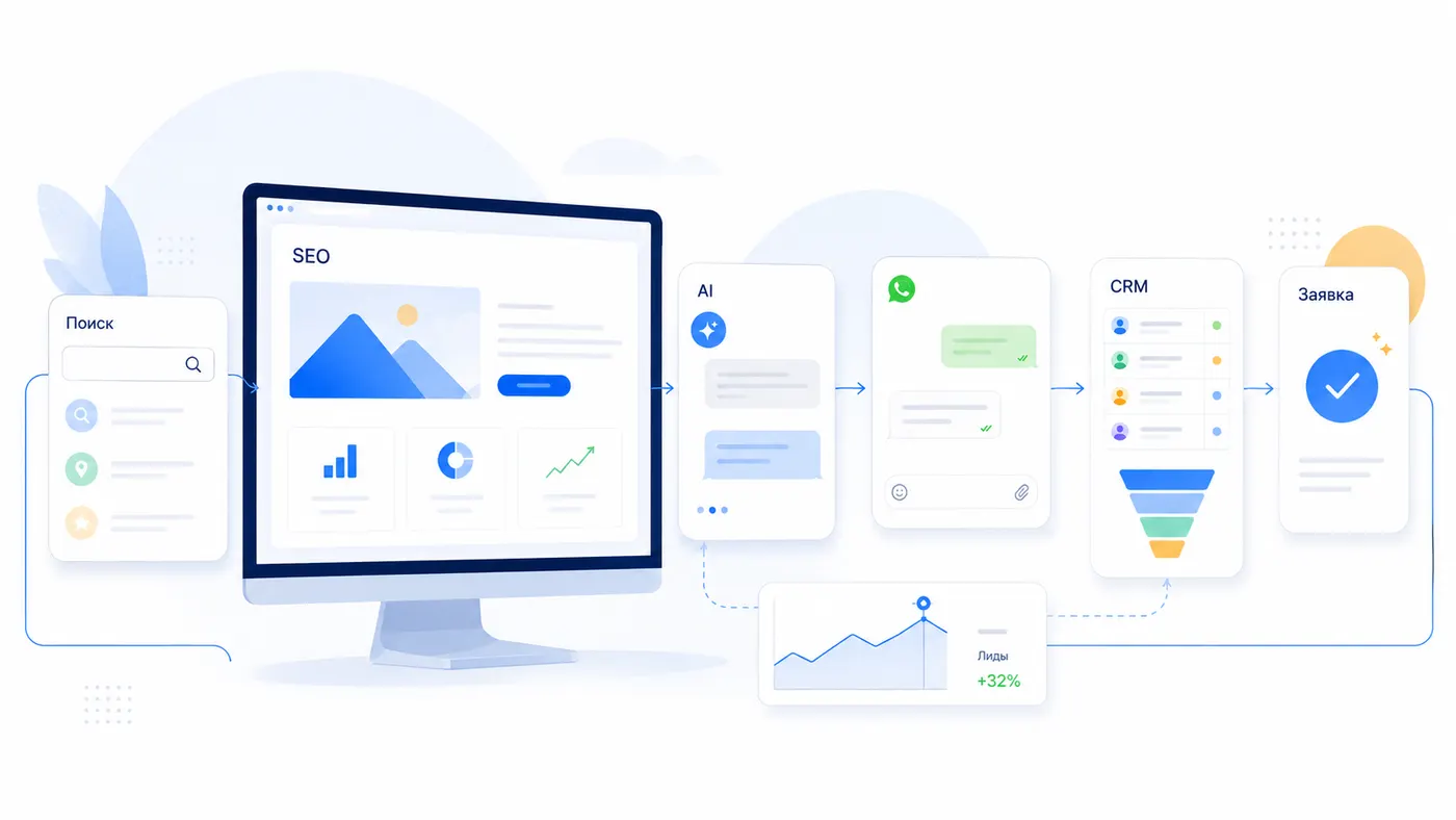 Схема: как поисковый спрос превращается в заявку через SEO-страницу, AI-консультанта, WhatsApp и CRM