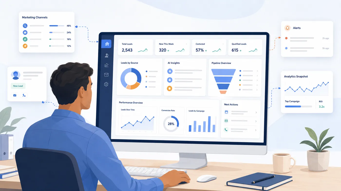 Иллюстрация отчёта для собственника бизнеса: заявки, источники и CRM-статусы.