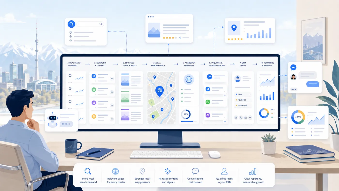 Иллюстрация SEO для бизнеса в Алматы: поисковый спрос, SEO/GEO-страницы, AI-заявки и CRM.