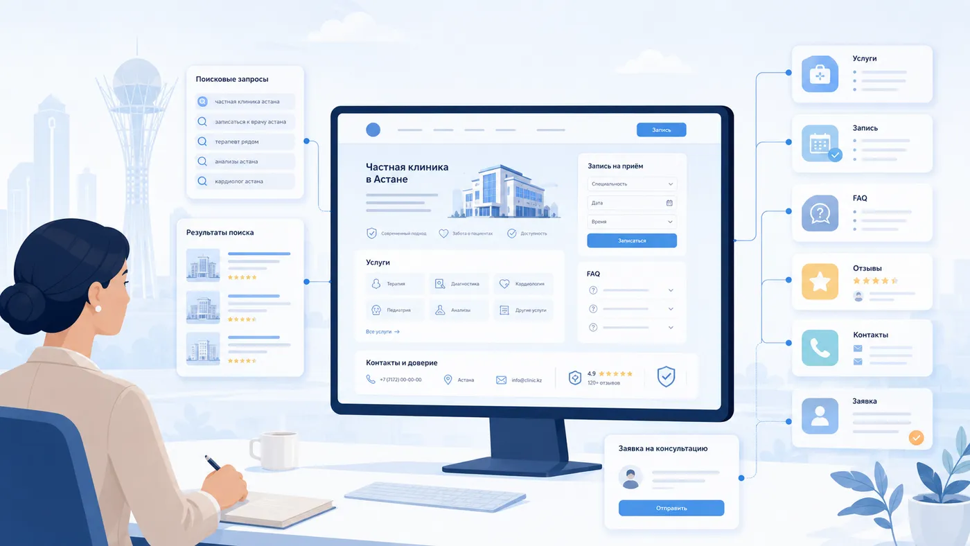 Иллюстрация SEO-структуры сайта частной клиники в Астане.