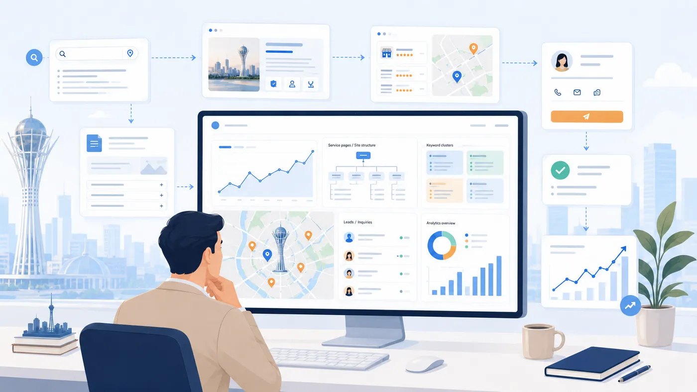 SEO-продвижение малого бизнеса в Астане: запросы, страницы услуг, WhatsApp и CRM.