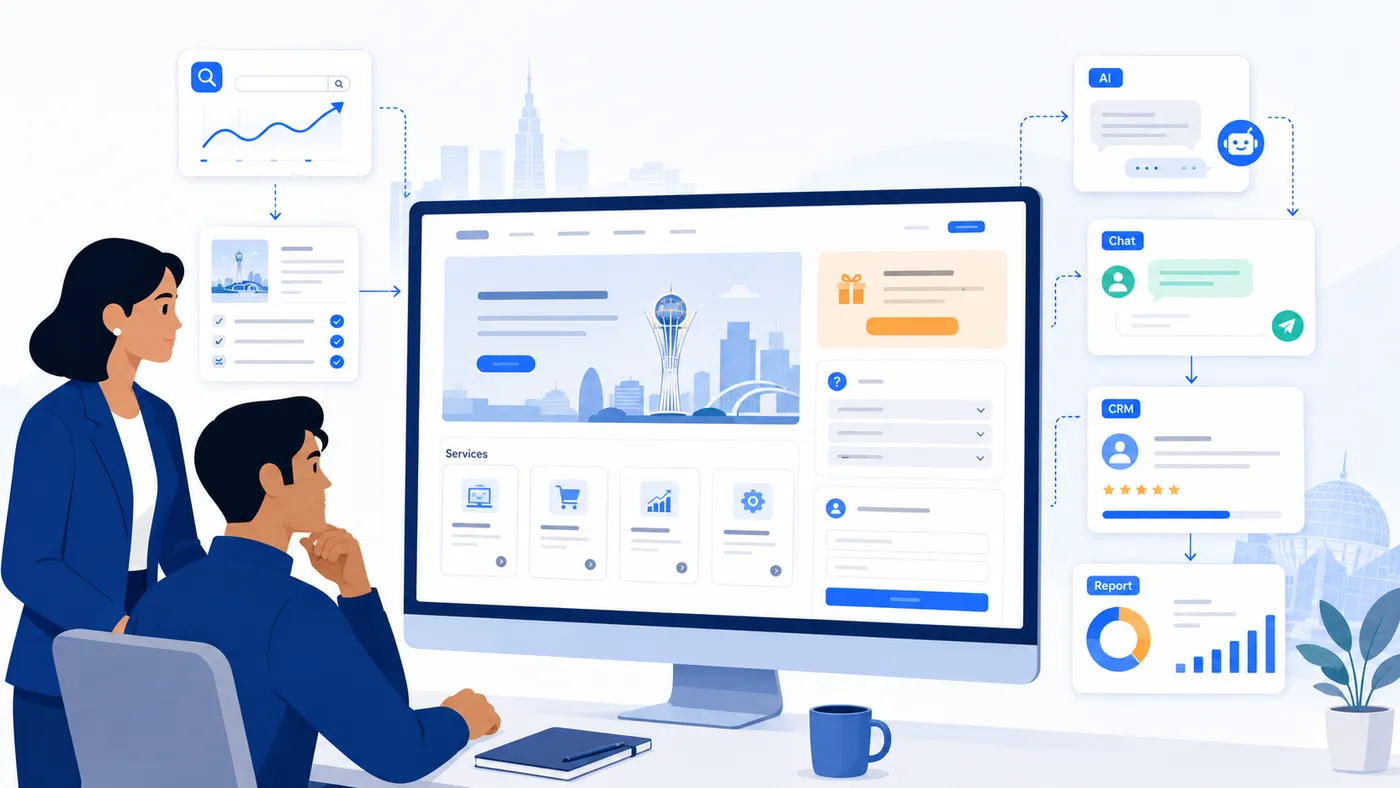 SEO-структура сайта услуг: главная, страницы услуг, цены, FAQ, блог и CRM.